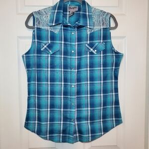 Wrangler Womens Plaid Shirt Pearl Snap Sleeveless Lace Yolk Western Top XS Vtg